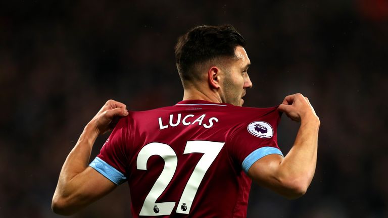  Lucas Perez of West Ham United celebrates after scoring his team&#39;s second goal during the Premier League match between West Ham United and Cardiff City at London Stadium on December 4, 2018 in London, United Kingdom