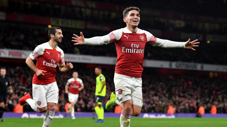 Lucas Torreira celebrates scoring for Arsenal