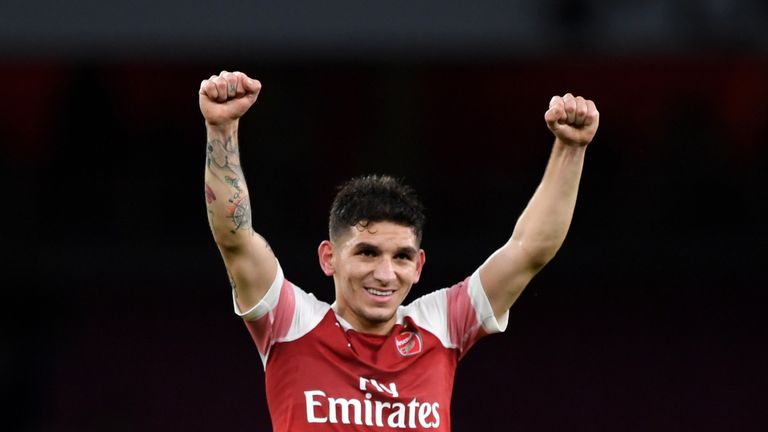 Lucas Torreira during the Premier League match between Arsenal FC and Tottenham Hotspur at Emirates Stadium on December 1, 2018 in London, United Kingdom.