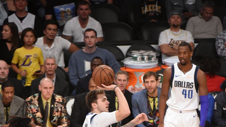 Luka Doncic #77 of the Dallas Mavericks shoots the ball against the Los Angeles Lakers on November 30, 2018 at STAPLES Center in Los Angeles, California. 