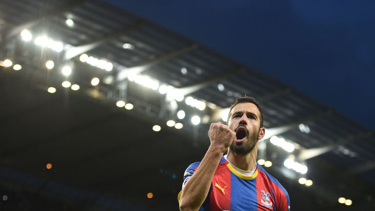 Luka Milivojevic celebrates his goal at the Etihad Stadium