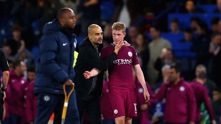 Pep Guardiola and Kevin De Bruyne after Manchester City beat Chelsea 1-0 at Stamford Bridge on September 30 2017 