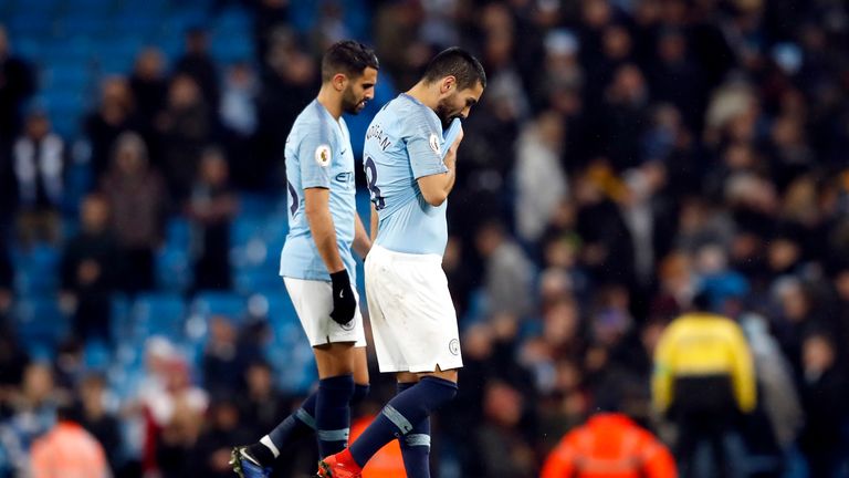 Manchester City's Ilkay Gundogan and Riyad Mahrez (left) after the Premier League match at the Etihad Stadium, Manchester. PRESS ASSOCIATION Photo. Picture date: Saturday December 22, 2018. See PA story SOCCER Man City. Photo credit should read: Martin Rickett/PA Wire. RESTRICTIONS: EDITORIAL USE ONLY No use with unauthorised audio, video, data, fixture lists, club/league logos or "live" services. Online in-match use limited to 120 images, no video emulation. No use in betting, games or single club/league/player publications.