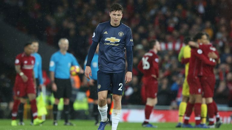 Victor Lindelof reacts after Manchester United's defeat at Liverpool