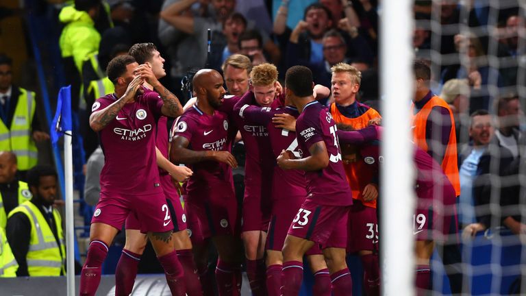Manchester City celebrating Kevin de Bruyne's winner at Stamford Bridge last season