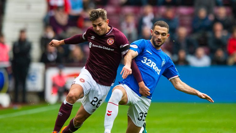 Hearts' Marcus Godinho and Rangers' Eros Grezda in action