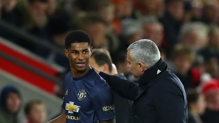 Marcus Rashford speaks to Jose Mourinho after being substituted