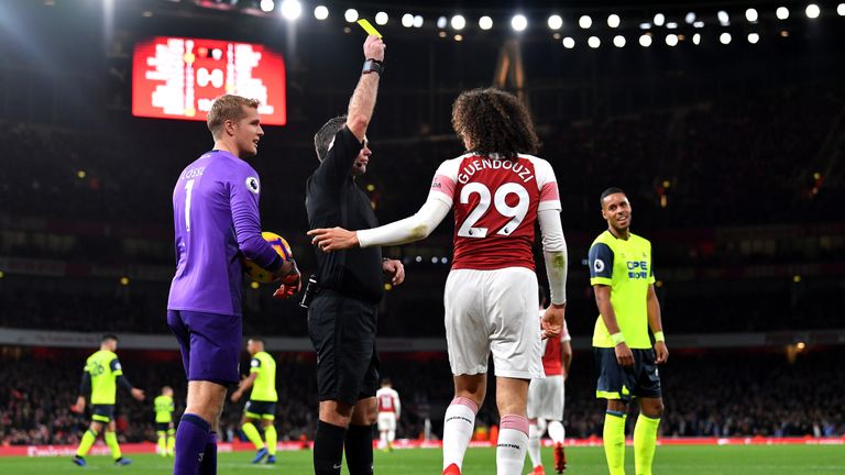 Matteo Guendouzi is shown a yellow card for simulation in Arsenal's 1-0 win over Huddersfield