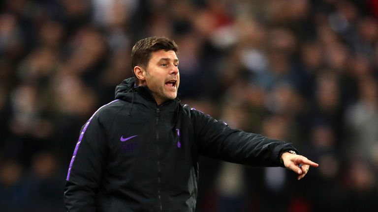 Mauricio Pochettino, Manager of Tottenham Hotspur gives his team instructions during the UEFA Champions League Group B match between Tottenham Hotspur and FC Internazionale at Wembley Stadium on November 28, 2018 in London, United Kingdom. 