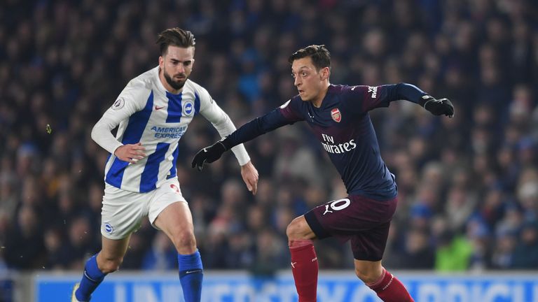 Mesut Ozil during the Premier League match between Brighton & Hove Albion and Arsenal FC at American Express Community Stadium on December 26, 2018 in Brighton, United Kingdom.