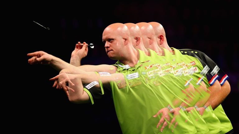 in action during his match against in the 2018 Unibet Premier League at The Manchester Arena on April 26, 2018 in Manchester, England.