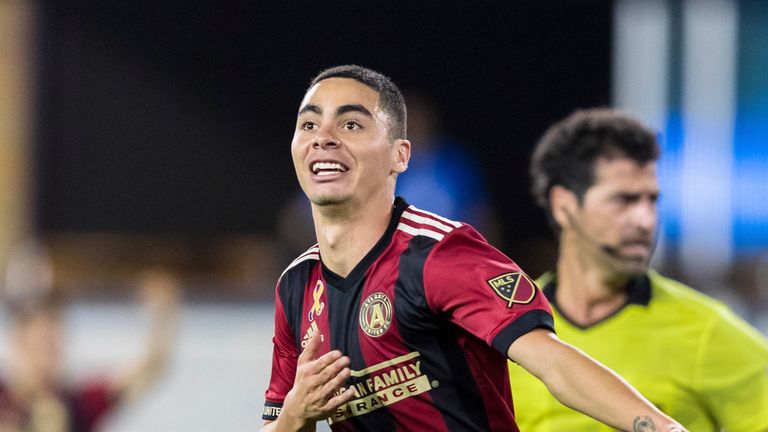 Sep 19, 2018; San Jose, CA, USA; Atlanta United midfielder Miguel Almiron (10) celebrates after scoring a goal against the San Jose Earthquakes in the second half at Avaya Stadium. Mandatory Credit: John Hefti-USA TODAY Sports