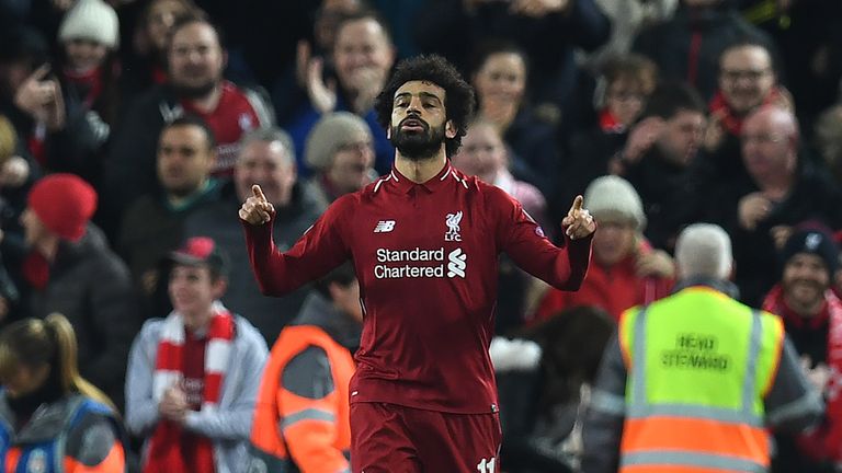 Mo Salah celebrates Liverpool's opening goal against Napoli