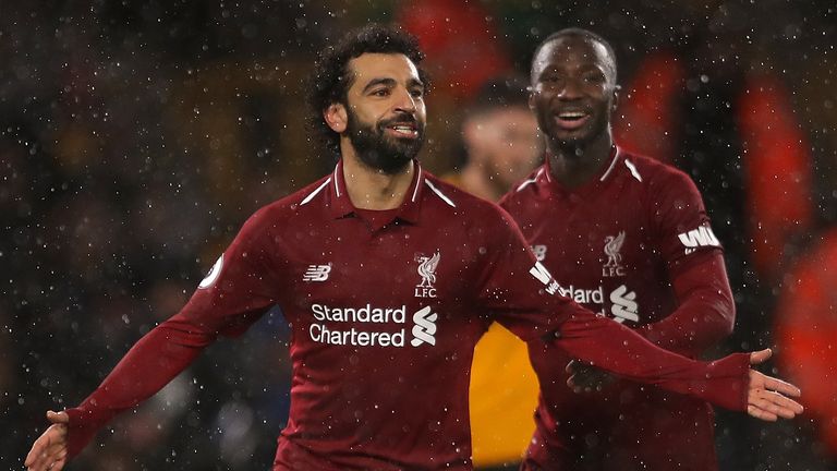 Mo Salah celebrates his goal against Wolves during the Premier League match at Molineux on December 22, 2018 in Wolverhampton, United Kingdom