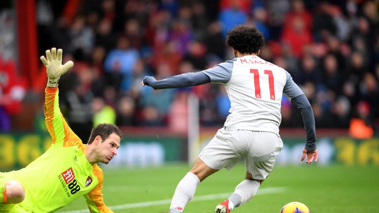 Mohamed Salah rounds Asmir Begovic to score his hat-trick