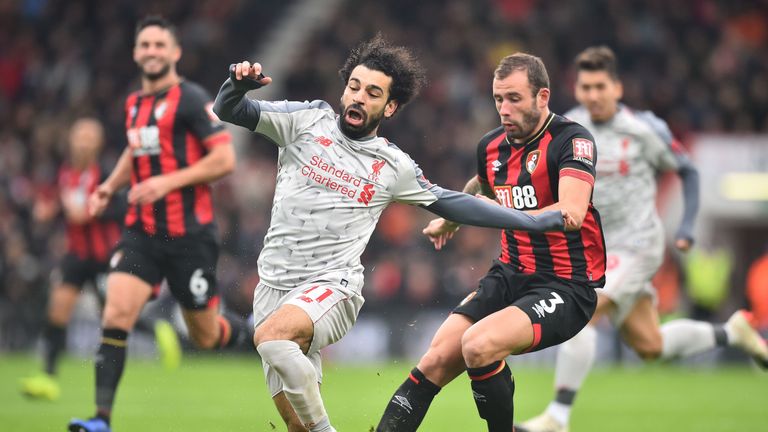 Steve Cook catches Mohamed Salah on the back of the achilles in the run-up to Liverpool's second goal