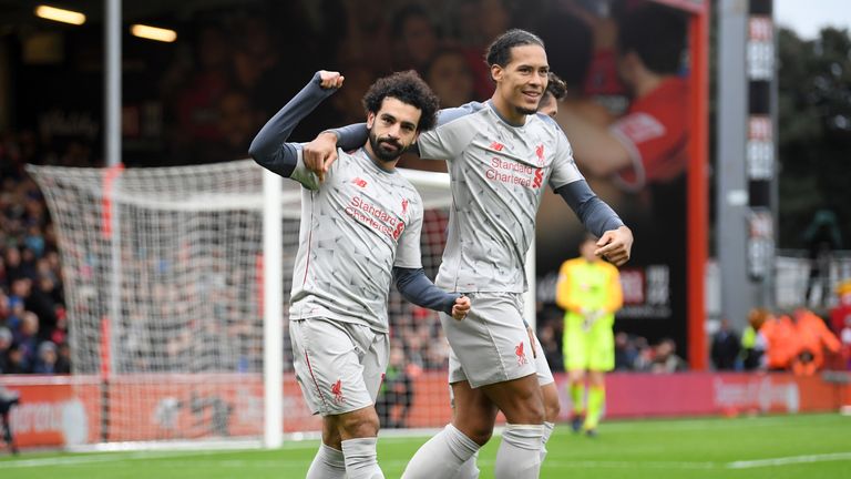 Mohamed Salah celebrates his second goal with Virgil van Dijk