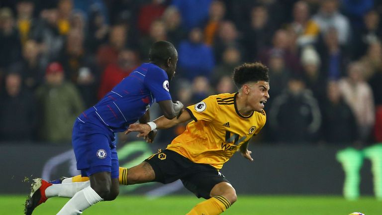 Morgan Gibbs-White is fouled by N'Golo Kante during Wolves' game against Chelsea at Molineux