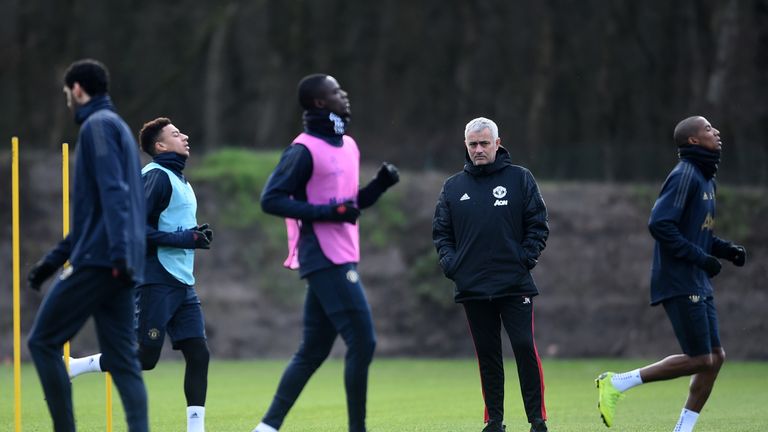 Mourinho watches over training at Carrington ahead of facing Liverpool