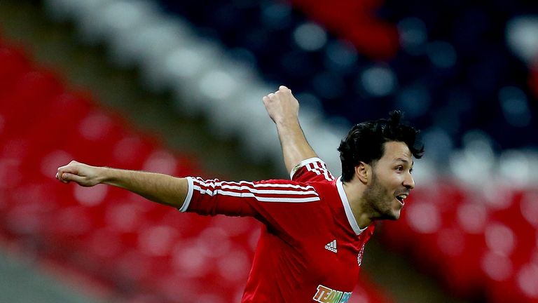 Nasar Nakhli of Stonewall FC celebrates scoring his sides first goal during the Middlesex County Football League Division One match between Stonewall FC and AFC Wilberforce at Wembley Stadium on November 30, 2018 in London, England