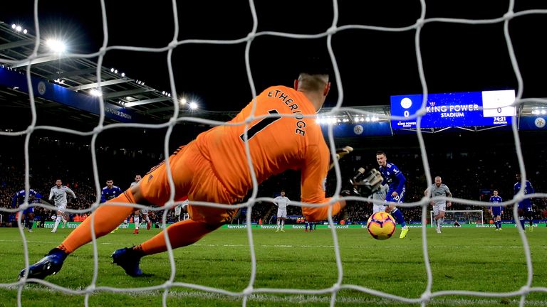 Cardiff City goalkeeper Neil Etheridge saves a penalty from Leicester City's James Maddison during the Premier League match at the King Power Stadium, Leicester. PRESS ASSOCIATION Photo. Picture date: Saturday December 29, 2018. See PA story SOCCER Leicester. Photo credit should read: Nick Potts/PA Wire. RESTRICTIONS: EDITORIAL USE ONLY No use with unauthorised audio, video, data, fixture lists, club/league logos or "live" services. Online in-match use limited to 120 images, no video emulation. No use in betting, games or single club/league/player publications.