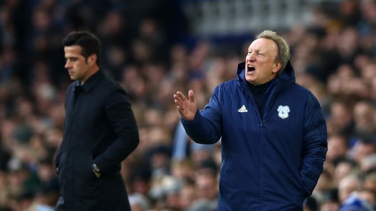 Neil Warnock, Manager of Cardiff City gives his team instructions during the Premier League match between Everton FC and Cardiff City at Goodison Park on November 24, 2018 in Liverpool, United Kingdom. 