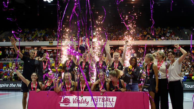 Wasps Netball lifting the 2018 Vitality Superleague trophy