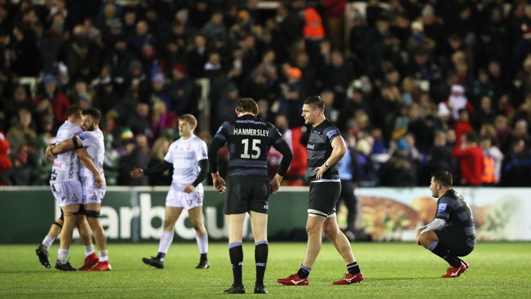 Newcastle Falcon players react at full time during the Gallagher Premiership Rugby match between Newcastle Falcons and Gloucester Rugby at Kingston Park on December 23, 2018 in Newcastle upon Tyne, United Kingdom