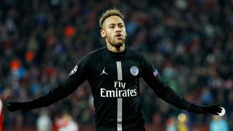 Neymar celebrates scoring against Red Star Belgrade