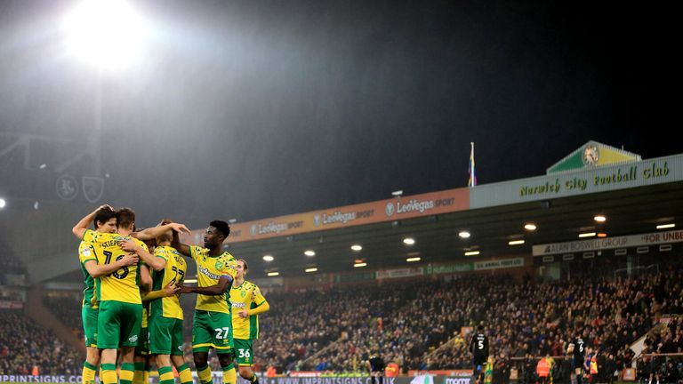 Norwich players celebrate Teemu Pukki's goal against Rotherham in December 2018