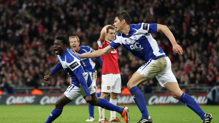 Birmingham's Obafemi Martins runs off in celebration after scoring the winner in the League Cup final against Arsenal