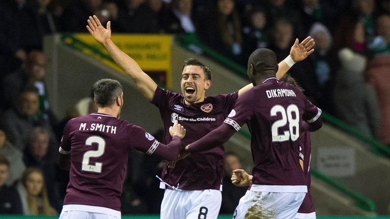 Hearts' Olly Lee celebrates his goal to make it 1-0