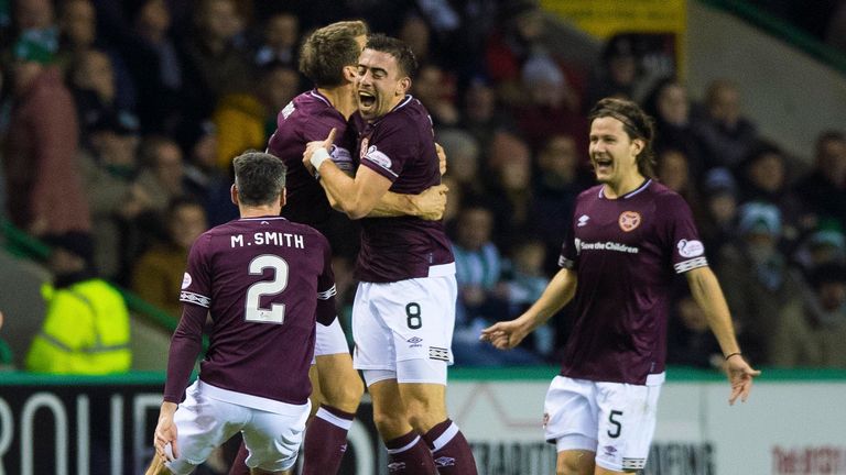 Hearts' Olly Lee celebrates his goal with his teammates