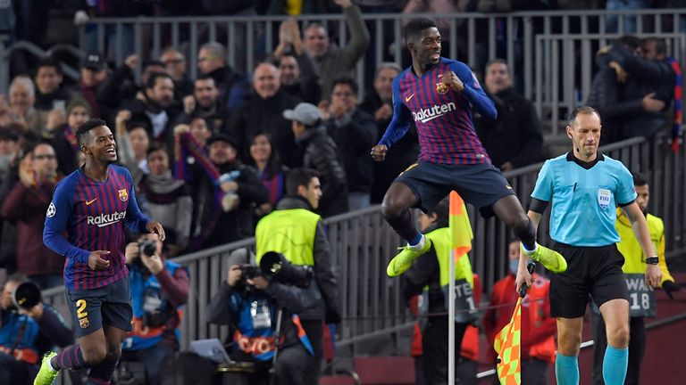 Ousmane Dembele celebrates Barcelona's first goal against Tottenham