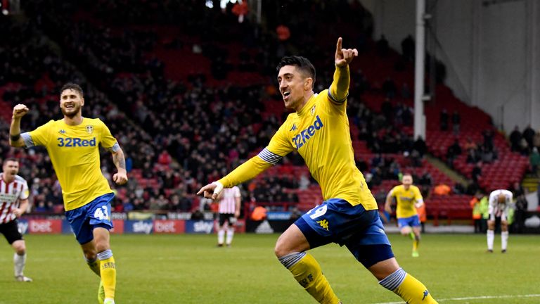 Pablo Hernandez celebrates scoring the winner for Leeds against Sheffield United