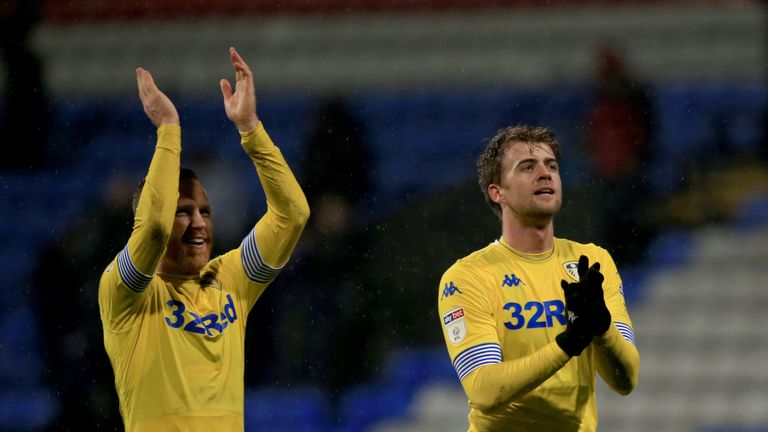 Leeds United's Patrick Bamford (right) and Adam Forshaw celebrate their sides win