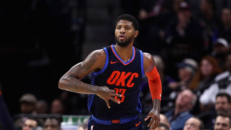 Paul George of the Oklahoma City Thunder reacts after making a three-point basket against the Sacramento Kings