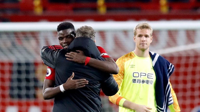 Manchester United's Paul Pogba and interim manager Ole Gunnar Solskjaer after the Premier League match vs Huddersfield Town at Old Trafford, Manchester