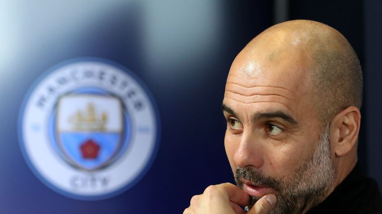 Pep Guardiola during a Champions League press conference at the City Football Academy