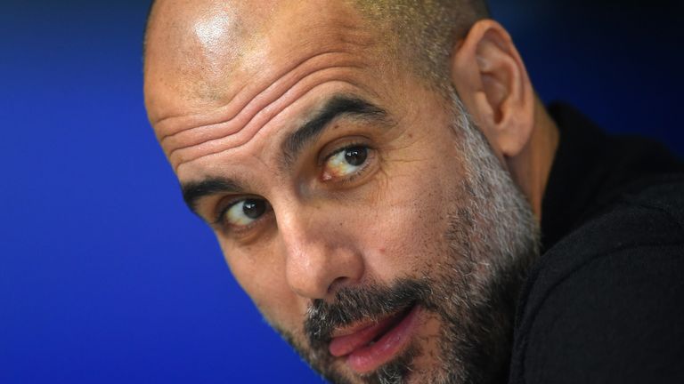 Pep Guardiola during a press conference ahead of their UEFA Champions League, Group F match against Hoffenheim
