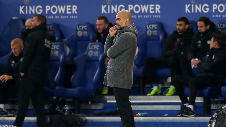 Manchester City boss Pep Guardiola on the touchline for defeat to Leicester City