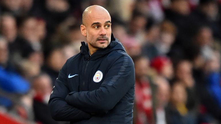 Pep Guardiola looks on during the English Premier League match between Southampton and Manchester City