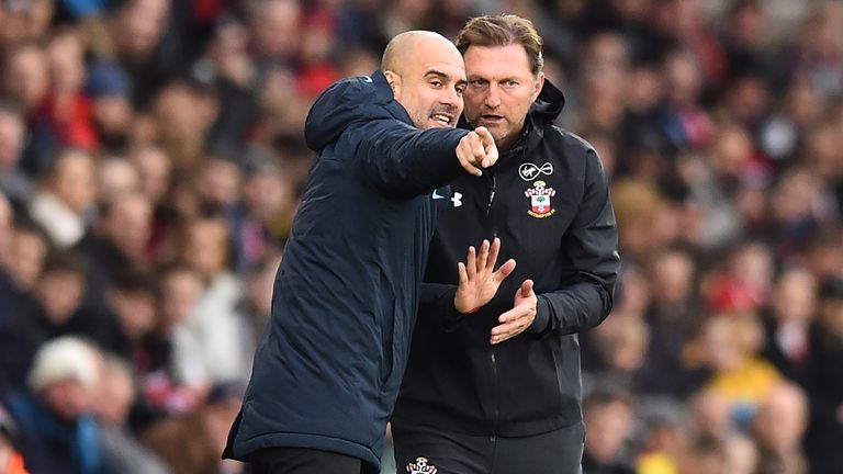 Pep Guardiola and Ralph Hasenhuttl talk on the touchline