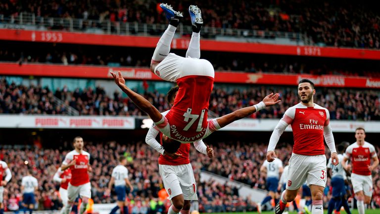 Pierre-Emerick Aubameyang celebrates his goal with a somersault
