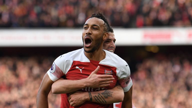 Pierre-Emerick Aubameyang celebrates scoring Arsenal's first goal