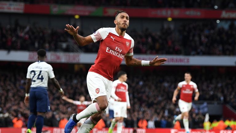 Pierre-Emerick Aubameyang celebrates his and Arsenal's second goal of the game