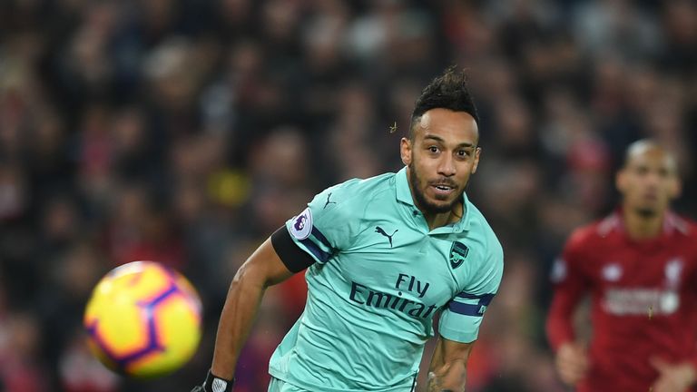 Pierre-Emerick Aubameyang during the Premier League match between Liverpool FC and Arsenal FC at Anfield on December 29, 2018 in Liverpool, United Kingdom.