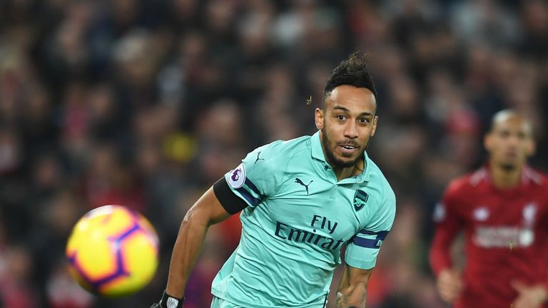 Pierre-Emerick Aubameyang chases a forward ball at Anfield