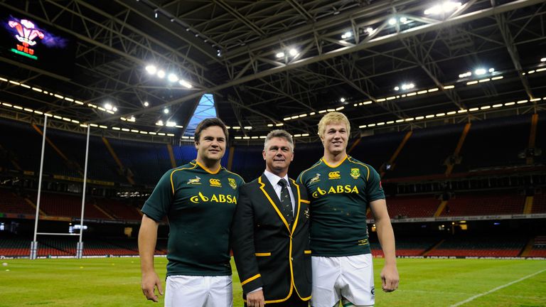  South Africa coach Heyneke Meyer (c) with new caps Frans Malherbe (l) and Pieter-Steph du Toit (r) before training ahead of their match against Wales at the Millennium Stadium on November 8, 2013 in Cardiff, Wales.