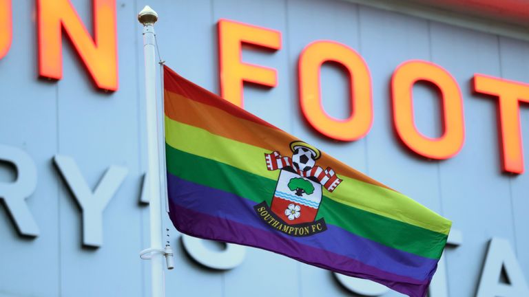 A general view of a rainbow flag flying outside the stadium prior to the Premier League match at St Mary's Stadium, Southampton